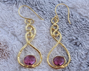 Pink Tourmaline Dangle Drop Earrings :  Gold Plated Handmade Jewelry October Birthstone Gifts