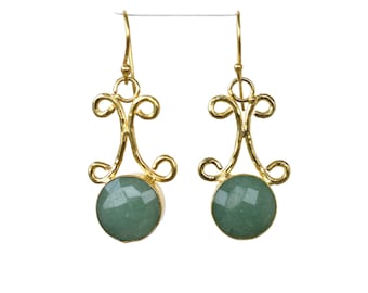 Gold Plated Green Aventurine Earrings , Bezel Set Gemstone