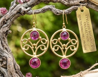 Pink Tourmaline Dangle Drop Earrings :  Gold Plated Handmade Jewelry October Birthstone Gifts