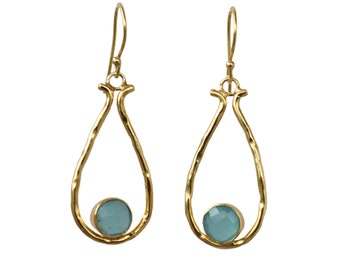 March Birthstone Gold Plated Aqua Chalcedony Earrings, Boho Blue Stone Earrings, Bridesmaid Gift Jewelry