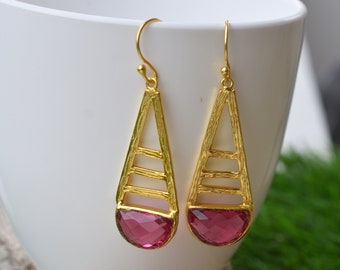 Earrings For Women Pink Tourmaline : Gold Plated Handmade Item October Birthstone Jewelry Half Moon