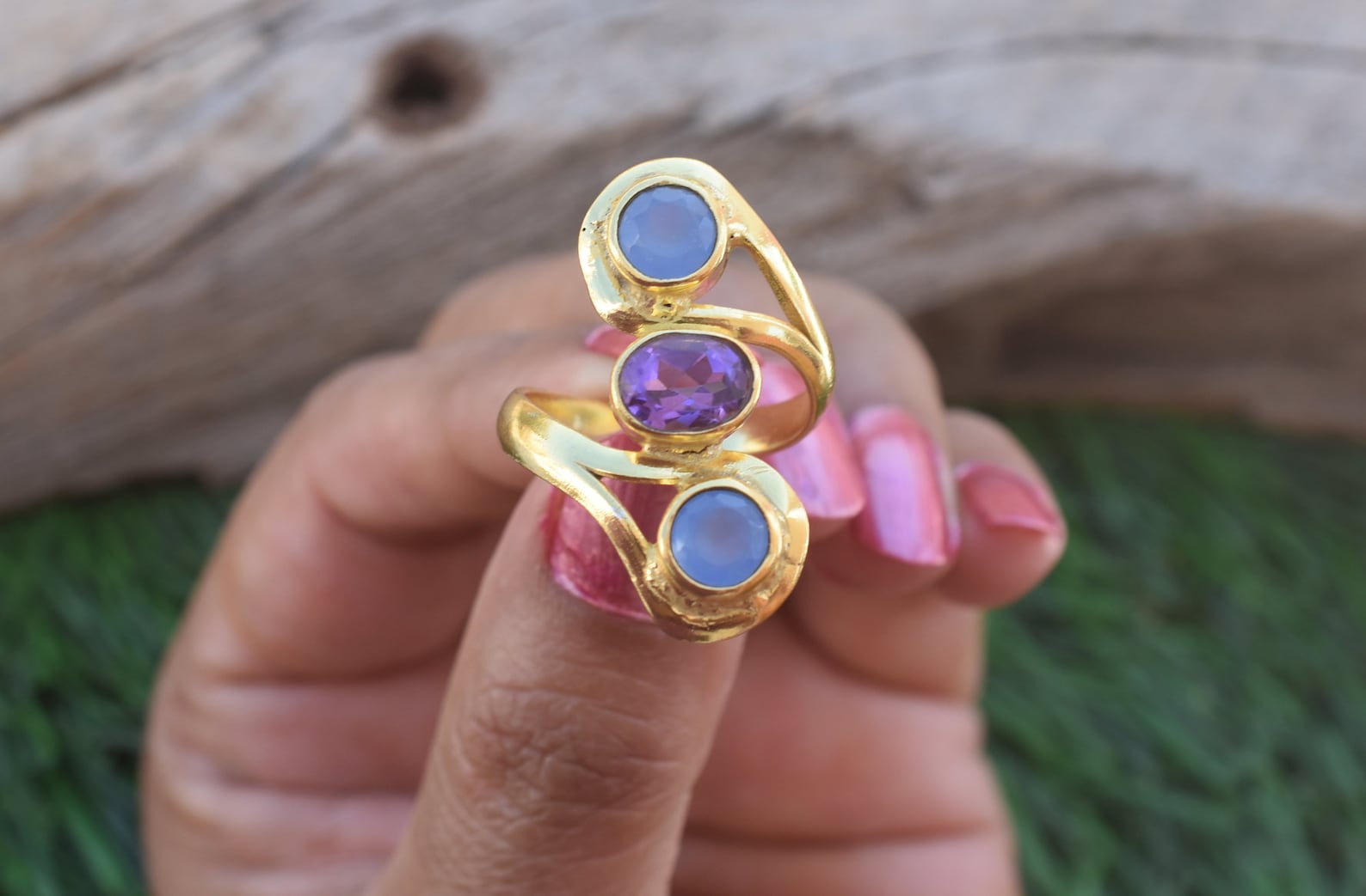 Blue Chalcedony and Amethyst Ring dainty Ring Ring for Girls Organic