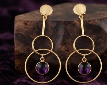 Gold Plated Amethyst Dangle Earrings : Unique Gifts For Her February Birthstone Purple Crystal Jewelry