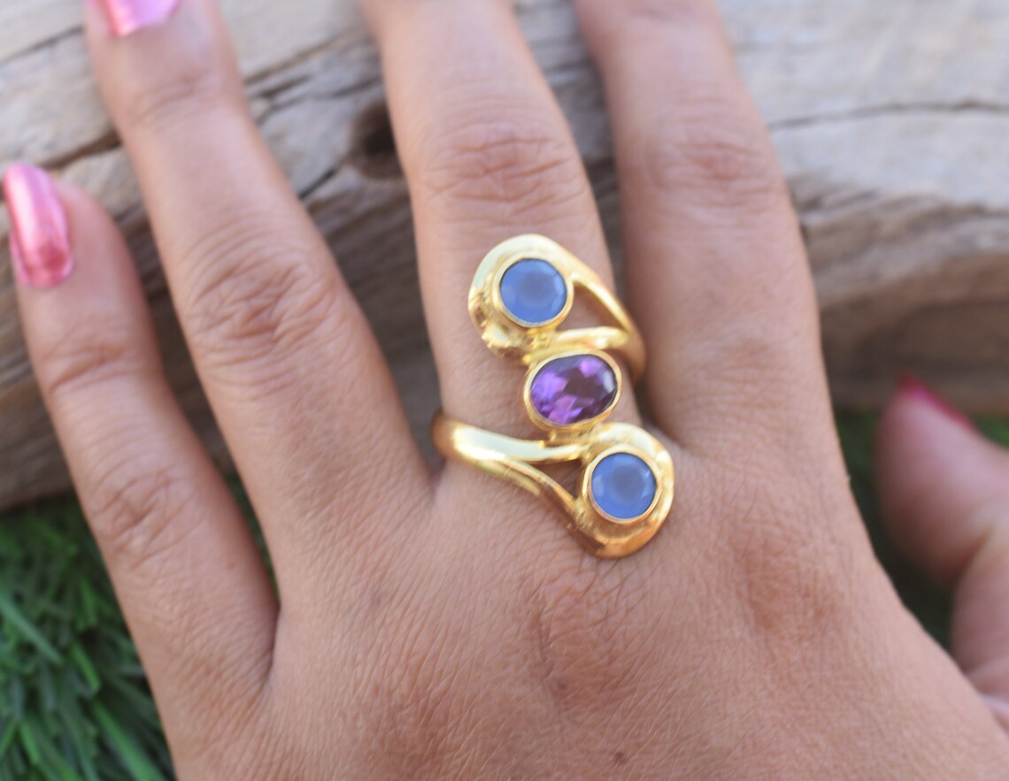 Blue Chalcedony and Amethyst Ring dainty Ring Ring for Etsy