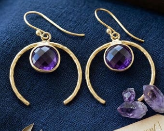 Amethyst Gold Earrings, Gemstone Earrings, Handmade Purple Stone Jewelry, Trendy Boho Gift For Her