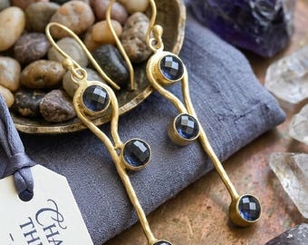 18K Gold Plated Iolite Drop Earrings, Nickel-Free, Hypoallergenic Jewelry