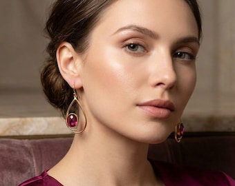 Pink Tourmaline Dangle Drop Earrings :  Gold Plated Handmade Jewelry October Birthstone Gifts