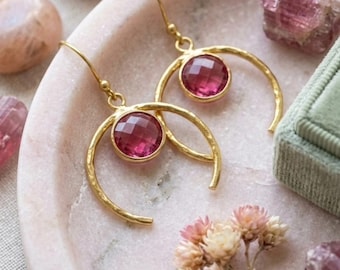Pink Tourmaline Dangle Drop Earrings :  Gold Plated Handmade Jewelry October Birthstone Gifts