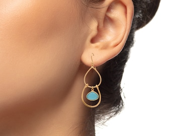 Aqua Chalcedony Statement Earrings, Gold Plated Gemstone Jewelry, Wedding Guest Earrings