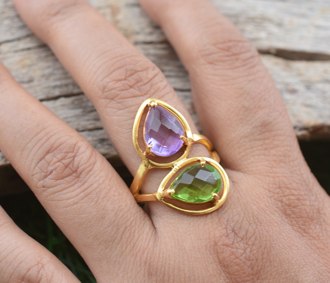 Amethyst and Peridot Ring 18K Gold Plated Ring on sale Etsy
