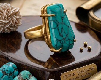 Turquoise Coffin Ring, 18K Gold Plated, Handmade Statement Jewelry