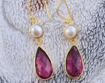 Pink Tourmaline Dangle Drop Earrings :  Gold Plated Handmade Jewelry October Birthstone Gifts