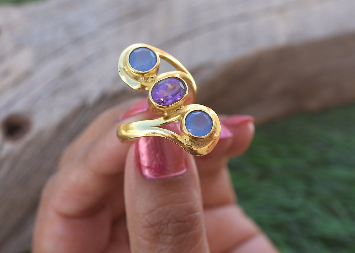 Blue Chalcedony and Amethyst Ring dainty Ring Ring for Etsy