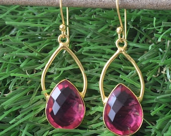 Jewelry Gift Pink Tourmaline Dangle Drop Earrings : Gold Plated Handmade October Birthstone Gemstone
