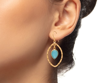 Aqua Chalcedony Statement Earrings, Gold Plated Gemstone Jewelry, Wedding Guest Earrings