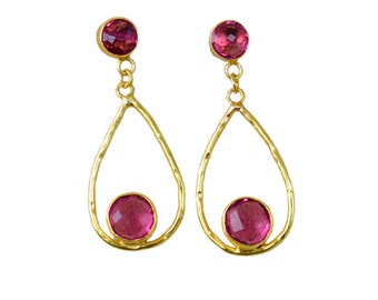 Jewelry Gift Pink Tourmaline Dangle Drop Earrings : Gold Plated Handmade October Birthstone Gemstone