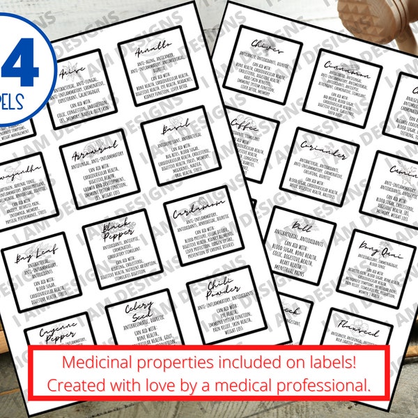 44 Spice Labels (herbal medicinal properties included) PNG SVG PDF Digital Download