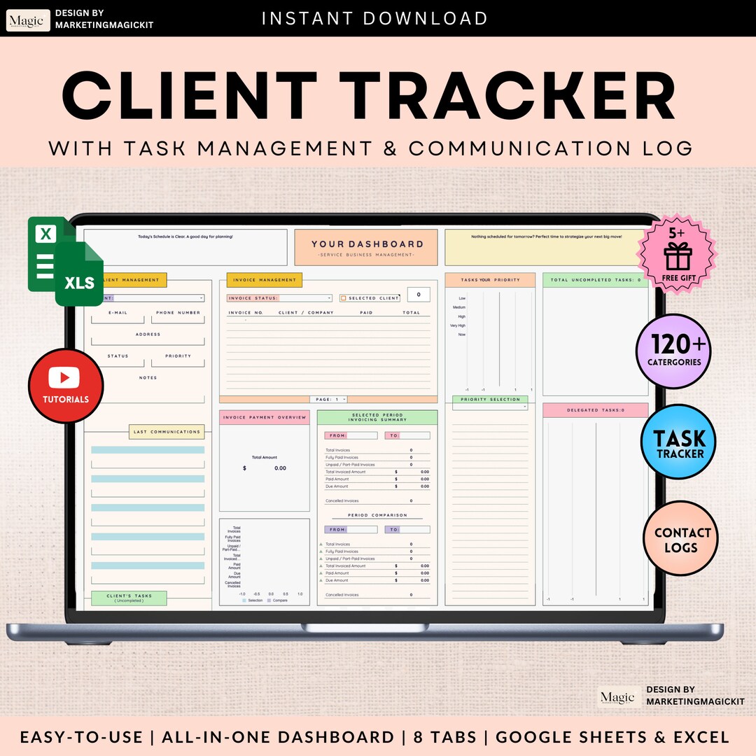 Client & Task Tracker Business Planner Spreadsheet Communication Log ...