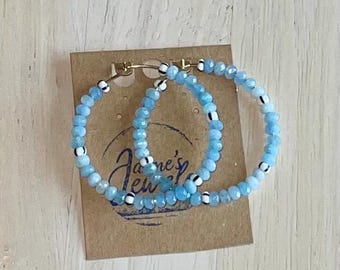 Beaded Hoop Earrings Gemstone Beads Aquamarine Beads