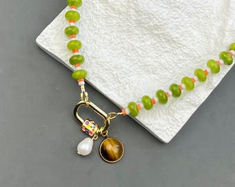 Tigers Eye & Pearl Charms Beaded Necklace with Polka Dot Carabiner Clasp