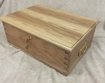 DOVETAIL KEEPSAKE HICKORY    Solid Wood Box With Brass Handles And Lid Chain - Engraving Options Below