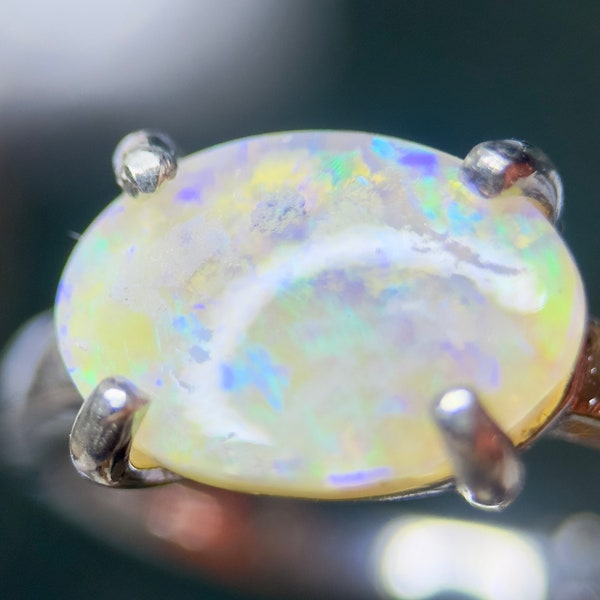 Beautiful 2.44CT Lightning Ridge Crystal Opal on Rhodium Plated Sterling Silver Ring Sz 7