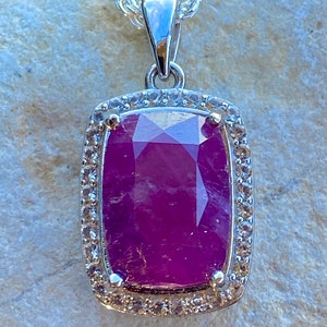 Natural Purplish Red Ruby Pendant Necklace – Sterling Silver, White Topaz