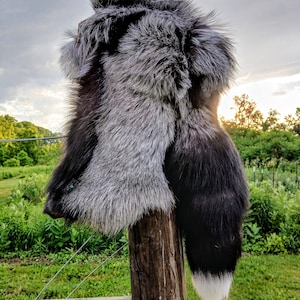 May include: A long, plush animal tail featuring a thick coat of silver and black fur. The fur transitions from a dark, charcoal-black base near the top to a lighter, silver-tipped texture in the middle, ending in a solid white tip at the bottom.