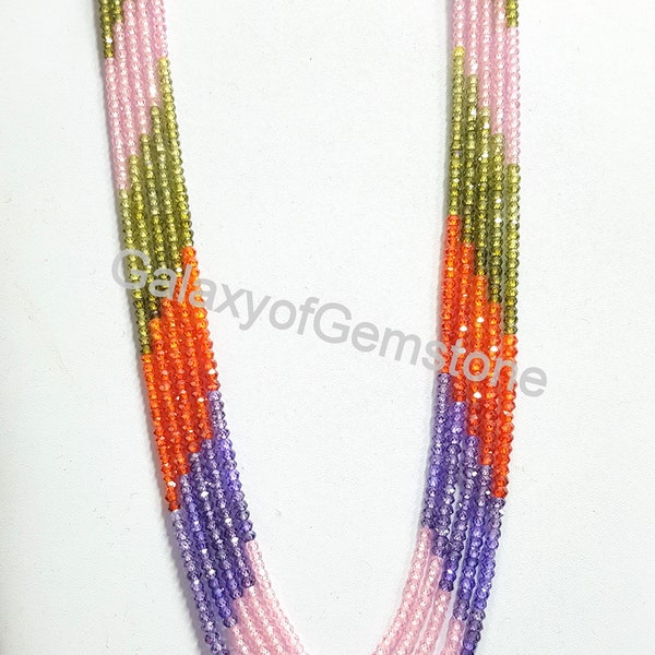 Multi Stone Semi Precious 3mm Beads Necklace / Cube Zircon Beads Necklace/ Multi Color Zircon Faceted Rondelle Beads Necklace 5 Stand