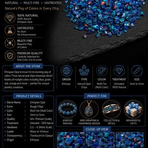 May include: A collection of natural, untreated Ethiopian opal chips displaying multi-fire colors including blue, green, red, and orange. The chips range from 3mm to 5mm in size. The image includes text detailing product specifications, origin, and quality.