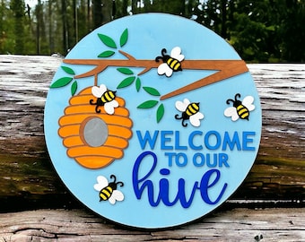 Welcome to our Hive Wooden 3D Doorhanger Handcrafted Sign, Summer Bee Sign