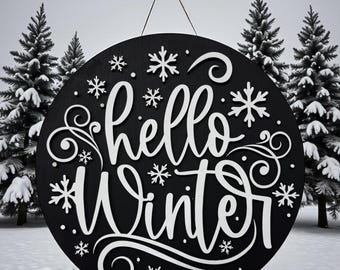 Hello Winter Wooden Doorhanger | 17” Round Winter Door Sign | Layered Wood Snowflake Decor