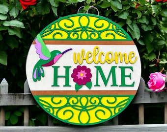 Welcome Hummingbird Wooden 3D Doorhanger, Custom Welcome Sign, Summer Doorhanger, Housewarming Gift, Mother’s Day Gift, Gift Idea