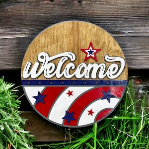Classic Americana Welcome 3D Doorhanger - Stars and Stripes - Patriotic Doorhanger - July 4th Welcome - Laser Cut Wooden Sign