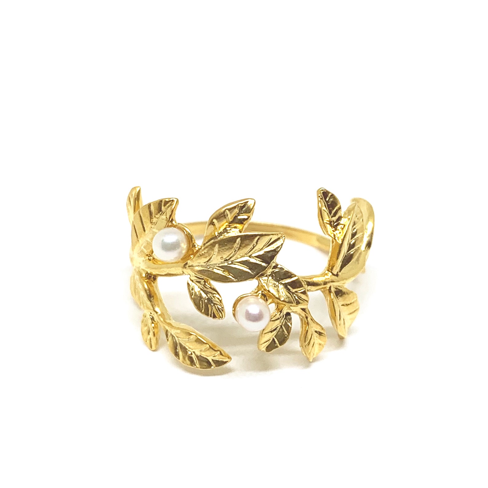 Gold Leaf Ring Gold Ring With Leaves Leaf Design Ring Pearl Etsy