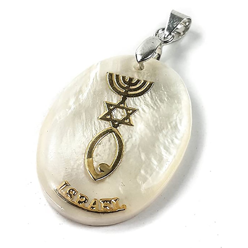 Mother of Pearl Messianic Star of David Menorah Fish Pendant image 0