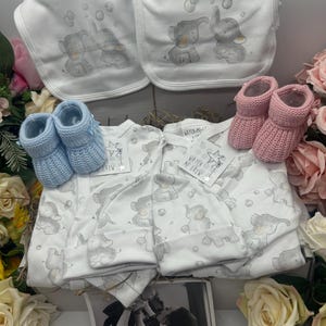 Twin Baby Gift Hamper: Elephant Sleepsuit Set, Bib & Booties