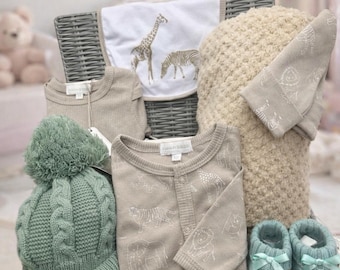 Neutral Safari Baby Gift Basket | Luxury Newborn Hamper, Keepsake Wicker Set