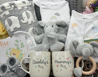 Safari Baby Hamper: Unisex Elephant Gift Set, New Parent Mugs, Mothers Day Gift