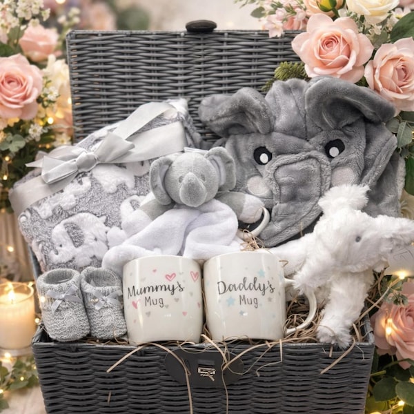 Elephant Baby Hamper Gift Box: Newborn Gift Set with Mugs