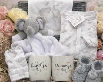 Elephant Baby Hamper Gift Box, Baby Outfit, Comforter, Mugs