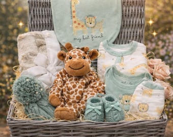 Neutral Safari Baby Gift Basket | Newborn Essentials Set, Keepsake Hamper