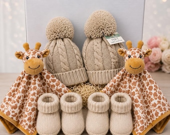 Twin Baby Gift Box  Neutral Giraffe Shower Gift Set  Teddy Bear Newborn Hamper – Twin Boys Girls Gift – Matching Baby Hats & Comforters