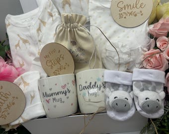 Safari Baby Hamper Gift Set: Outfit, Rattle Booties, Parent Mugs