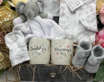 Elephant Baby Hamper: Outfit, Booties, Comforter, Mugs - New Parent Gift Box