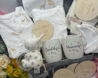 Safari Baby Hamper Gift Box: Giraffe Blanket, Outfit Set & Parent Mugs