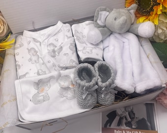 Baby Hamper. New Parent Gift Box, New Baby Gift, Unisex Elephant Baby Hamper & Baby Girl Hamper, Baby Boy Hamper. Gender Neutral