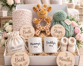 New Baby Gift Box for Mum & Dad | Neutral Baby Hamper with Blanket, Soft Toy and Milestone Discs| Baby Shower Gift Set UK Ready to Send