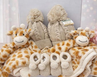 Twin Baby Gift Box  Neutral Giraffe Shower Gift Set  Teddy Bear Newborn Hamper – Twin Boys Girls Gift – Matching Baby Hats & Comforters