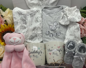 New Baby Hamper Gift Box: Sleepsuit, Booties, Parent Mugs
